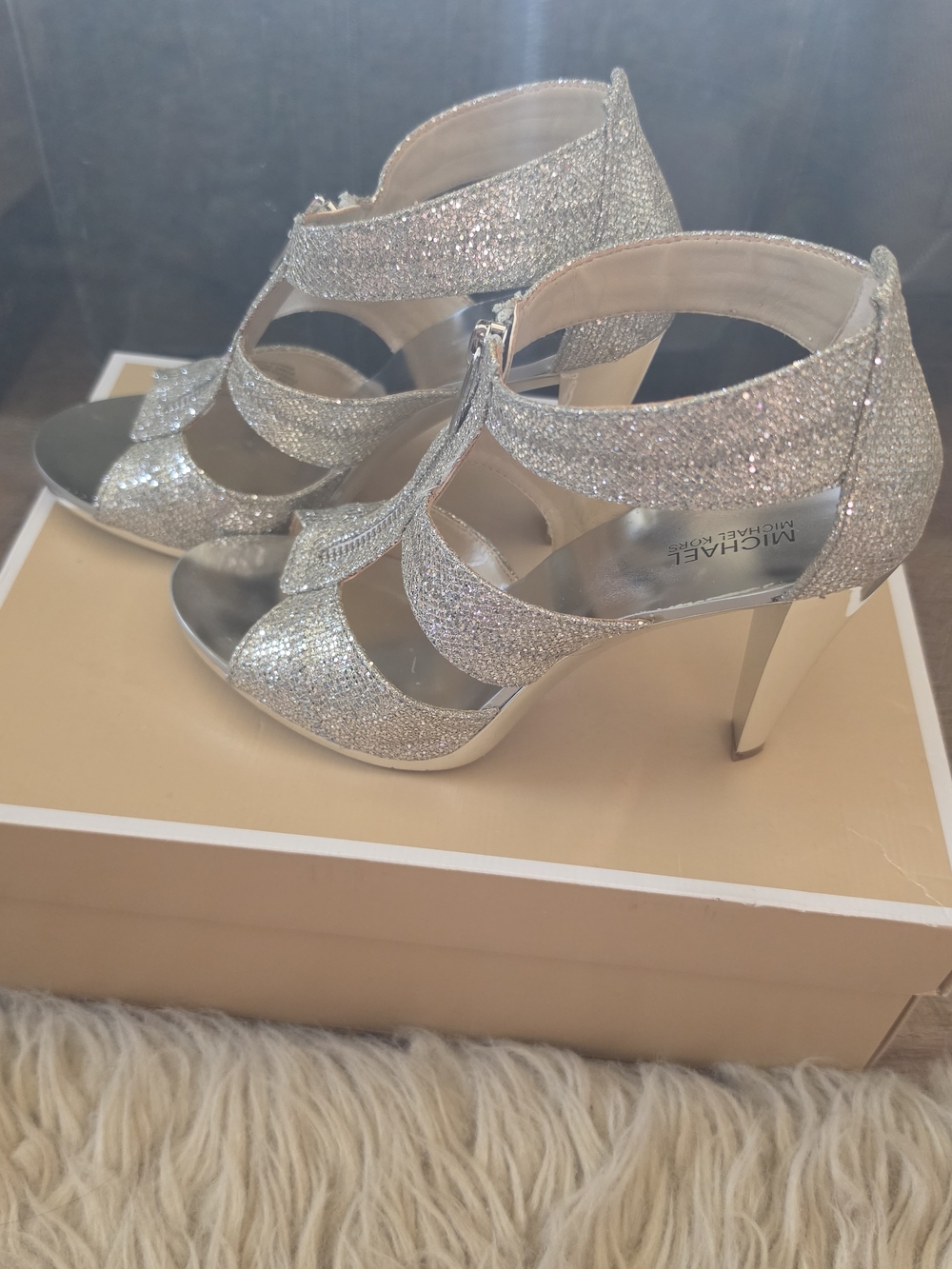 MICHAEL Michael Kors Silver Glitter Strappy High Heels